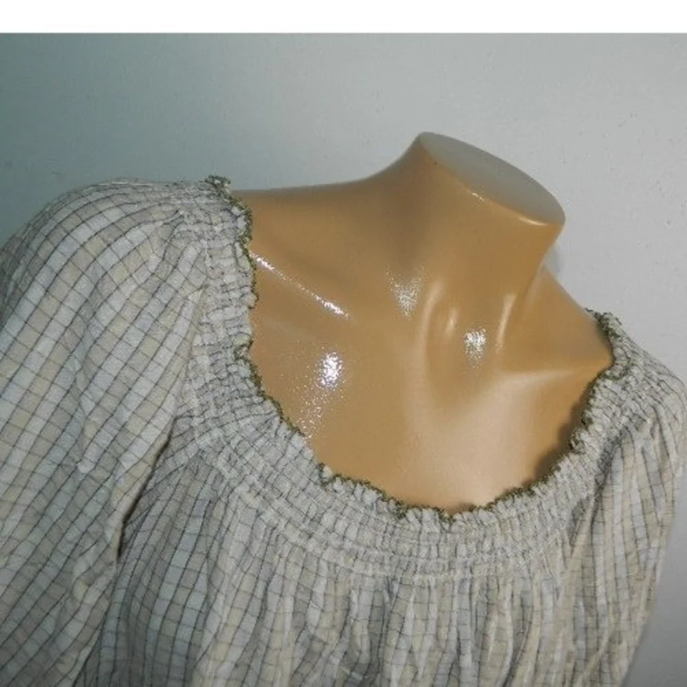 Old Navy Peplum Blouse Womens 2X Cream Plaid Smocked Puff Sleeve Square Neck